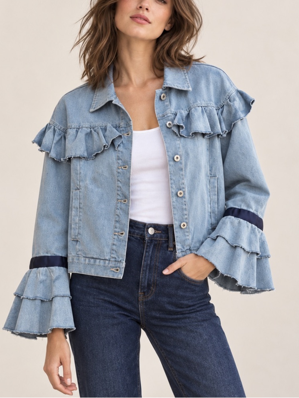 NWT Lili Sidonio Molly Bracken Ruffle Denim Jacket Bell Sleeves